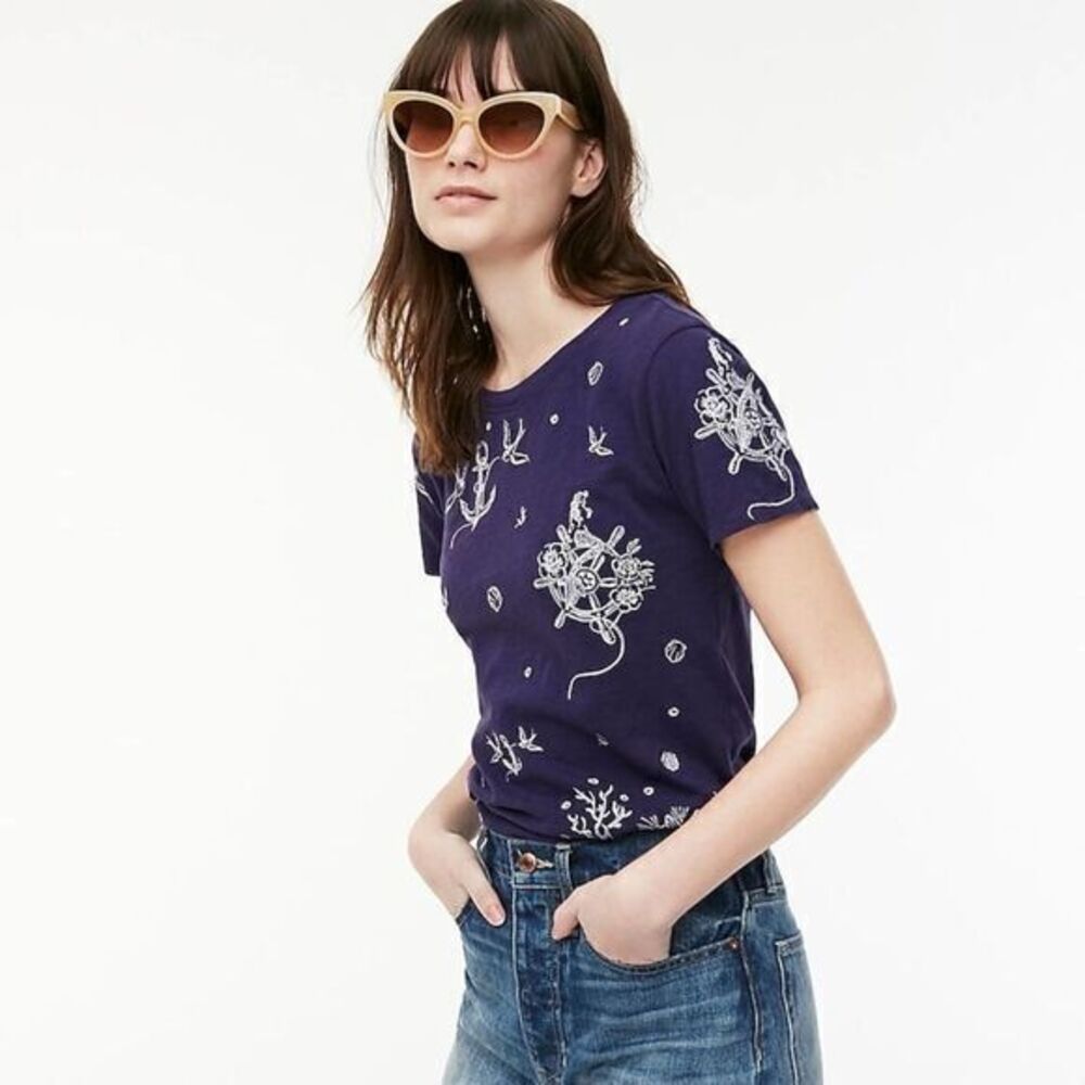 J.CREW NWT Navy Short Sleeves Nautical Embroidery T-shirt XXSMALL